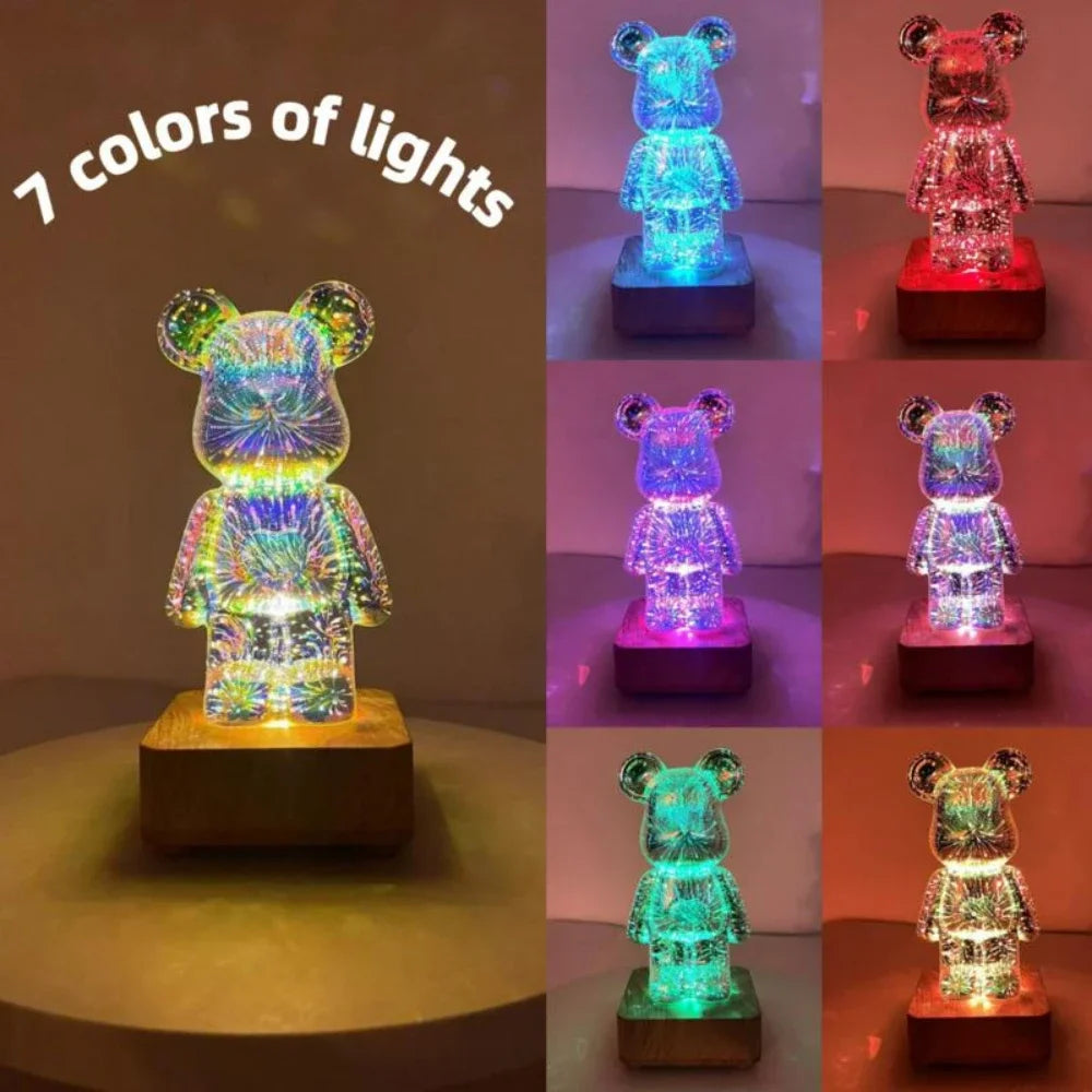 LED 3D Bear Firework Night Light - USB Projector Lamp with Color-Changing Ambient Lighting for Children’s Room & Bedroom Decoration