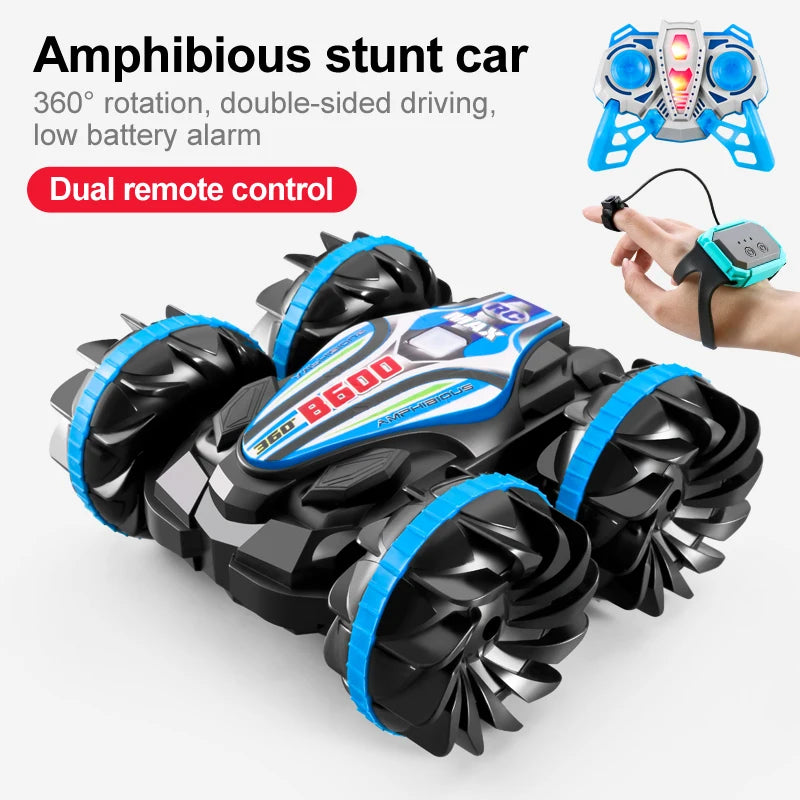 LED Amphibious RC Stunt Car – Dual Remote Control, Waterproof, 360° Flip & Drift