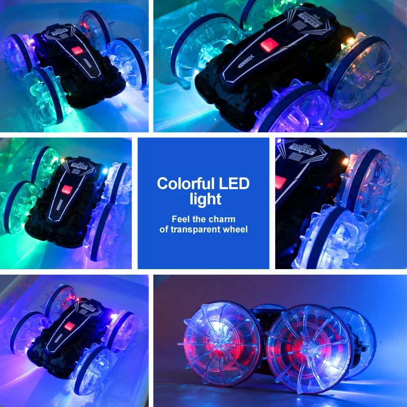 LED Amphibious RC Stunt Car – Dual Remote Control, Waterproof, 360° Flip & Drift