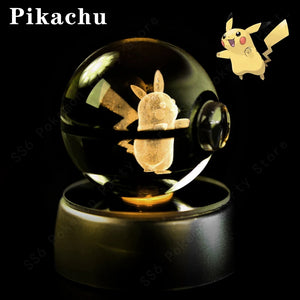 3D Pokemon Crystal Ball Night Light with LED Base – Pikachu, Gengar, Mew, and More