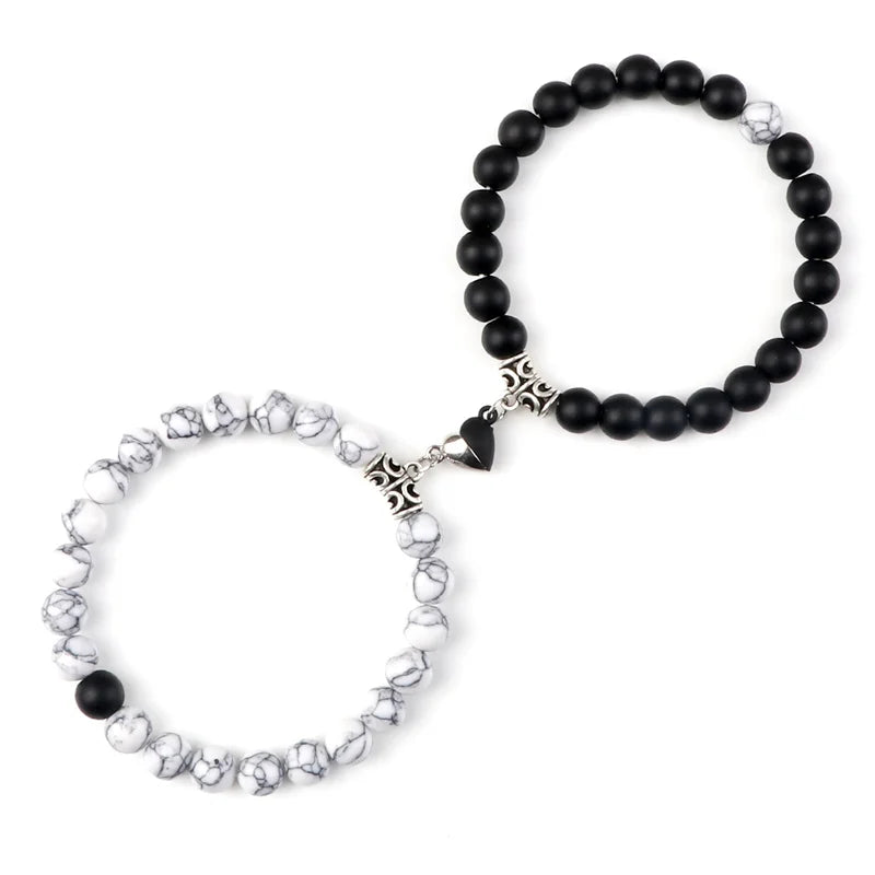 2Pcs/Set Beads Bracelet For Lovers Natural Stone Distance Heart Magnet Couple Bracelets Friendship Fashion Jewelry Gift