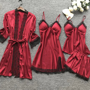 4 Pieces Women's Sexy Lace Pajamas - V-Neck Nightdress with Chest Pads for Summer Comfort