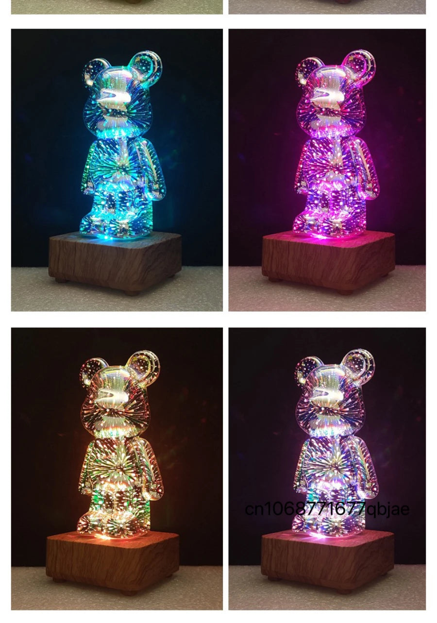 LED 3D Bear Firework Night Light - USB Projector Lamp with Color-Changing Ambient Lighting for Children’s Room & Bedroom Decoration