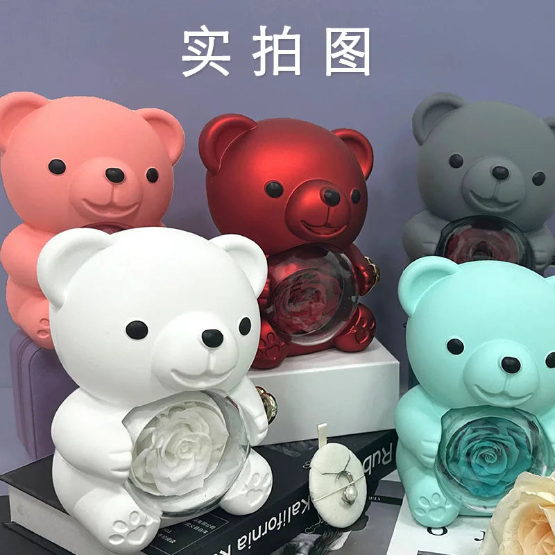 Eternal Rose Teddy Bear Gift Box with Necklace with Rotating Rose Jewelry Box