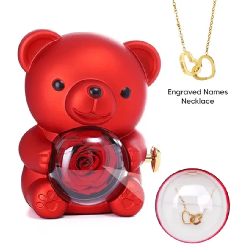 Eternal Rose Teddy Bear Gift Box with Necklace with Rotating Rose Jewelry Box