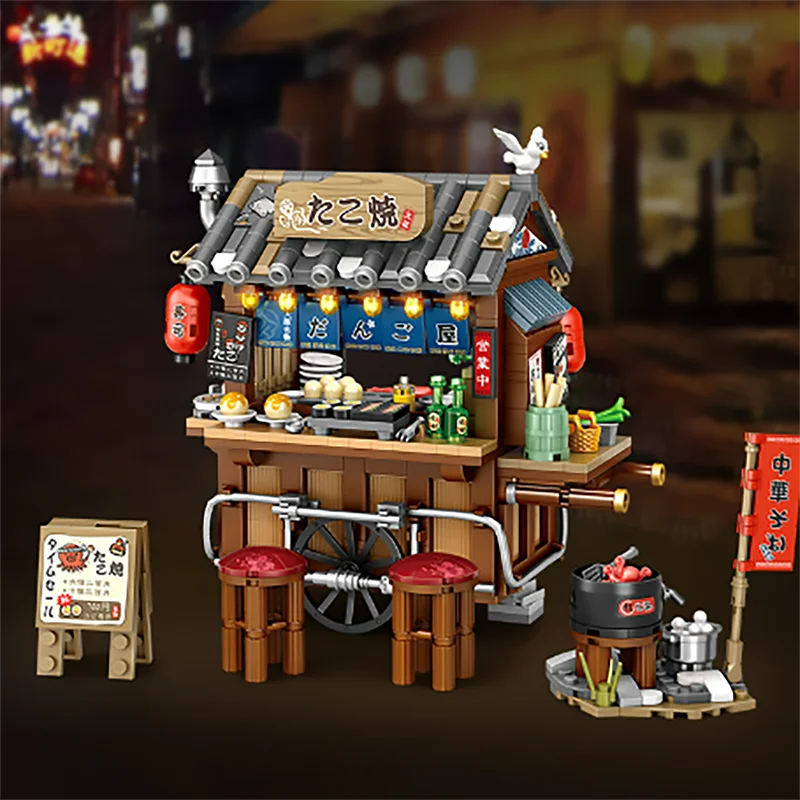 street view building blocks set – izakaya, takoyaki, shaved ice shop, coffee shop, panda tea house model