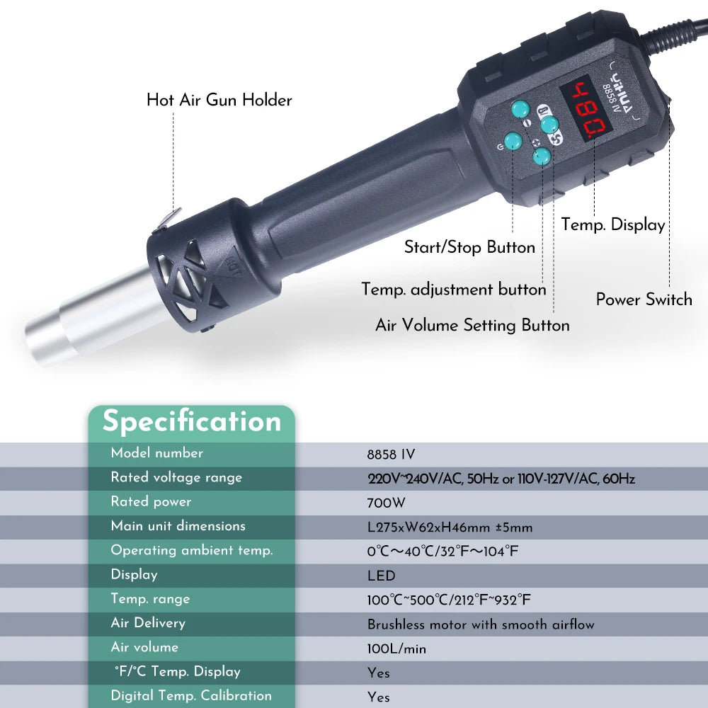 Micro Hot Air Gun 8858IV - 700W Soldering Rework Station with LCD Digital Temp Control