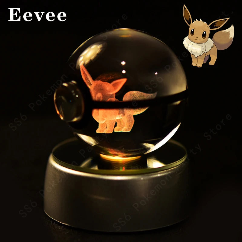 3D Pokemon Crystal Ball Night Light with LED Base – Pikachu, Gengar, Mew, and More