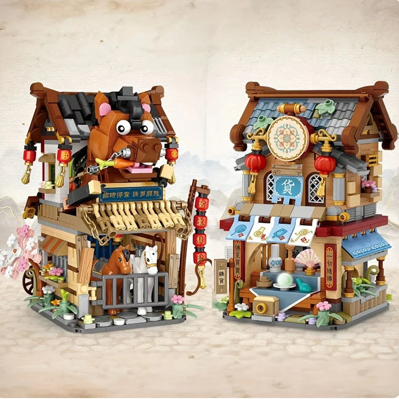 street view building blocks set – izakaya, takoyaki, shaved ice shop, coffee shop, panda tea house model