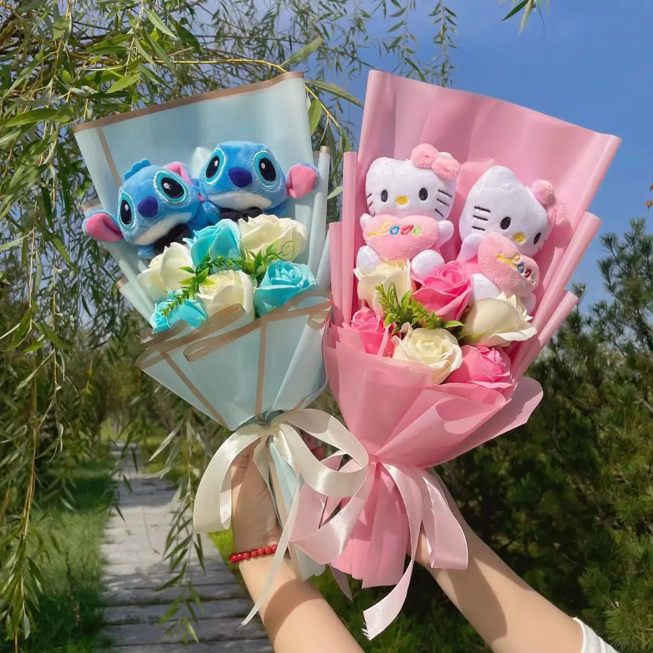 Cartoon Anime KT Cat, Stitch, Jack Skellington Plush Doll Bouquets - Perfect for Graduation, Birthday, Christmas, and Valentine’s Gifts