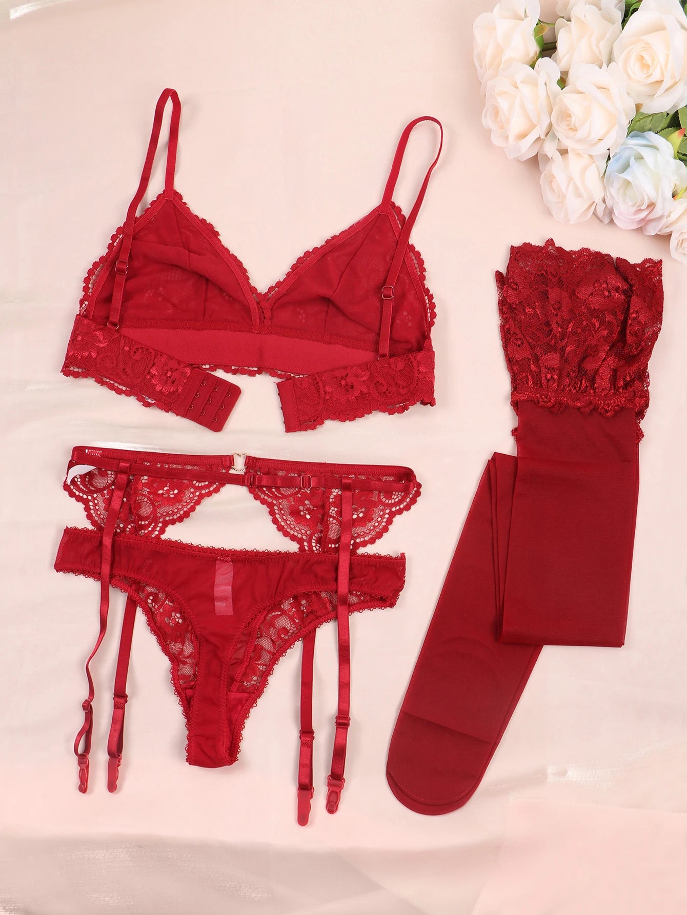 Varsbaby Lace Bra Set for Women – Sexy Floral Lace Bra, Panty & Garter Stockings Lingerie