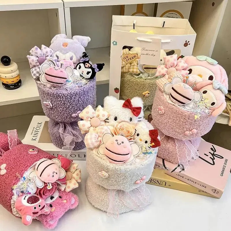 Sanrio Hello Kitty Plush Doll Bouquet - Cute Cartoon Flower with Cinnamoroll, Kuromi, My Melody for Girls & Kids Holiday Gifts