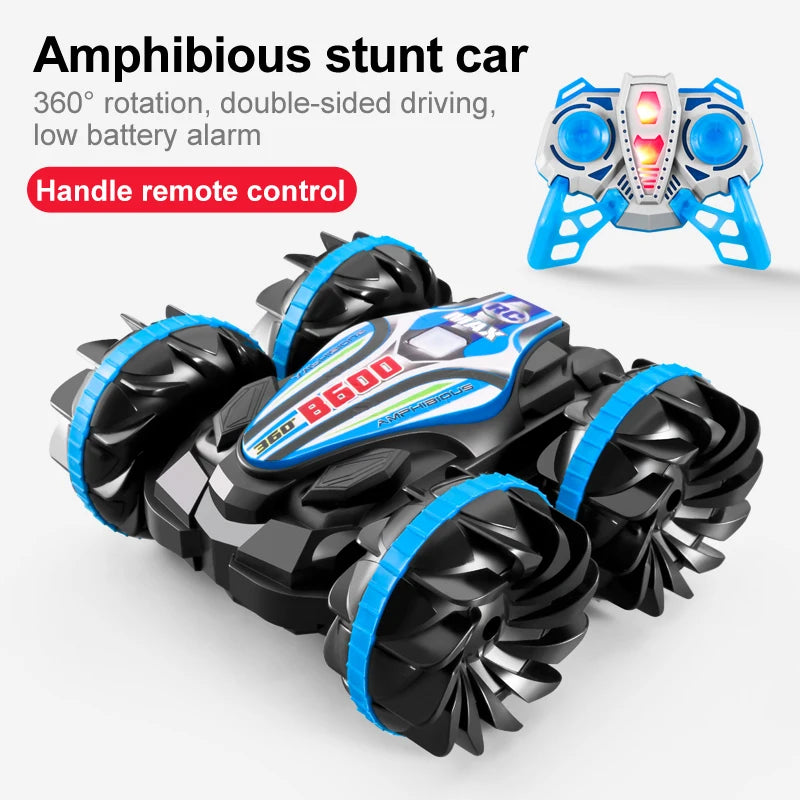 LED Amphibious RC Stunt Car – Dual Remote Control, Waterproof, 360° Flip & Drift