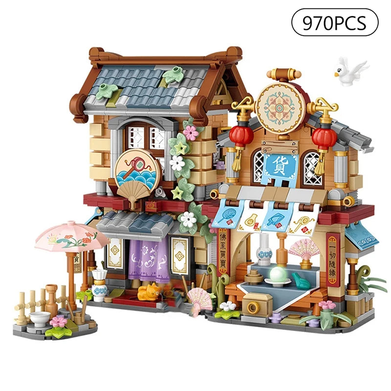 street view building blocks set – izakaya, takoyaki, shaved ice shop, coffee shop, panda tea house model