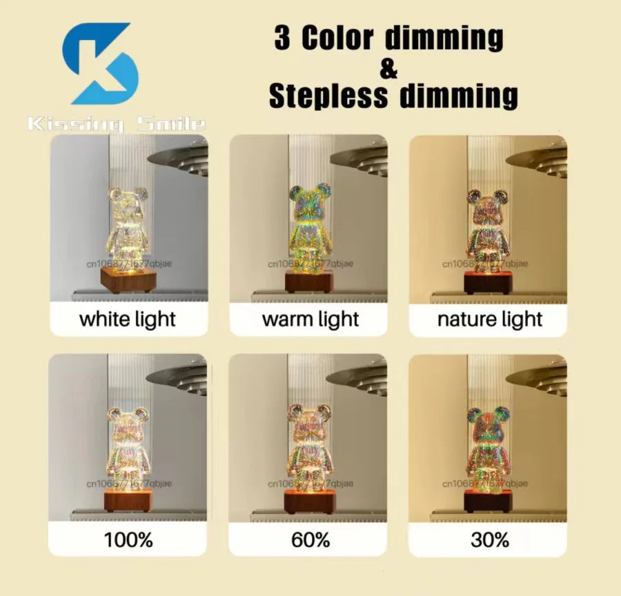 LED 3D Bear Firework Night Light - USB Projector Lamp with Color-Changing Ambient Lighting for Children’s Room & Bedroom Decoration