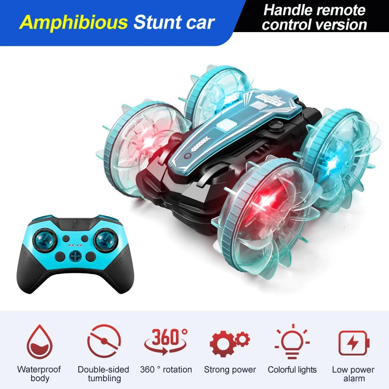 LED Amphibious RC Stunt Car – Dual Remote Control, Waterproof, 360° Flip & Drift