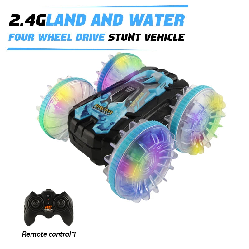 LED Amphibious RC Stunt Car – Dual Remote Control, Waterproof, 360° Flip & Drift